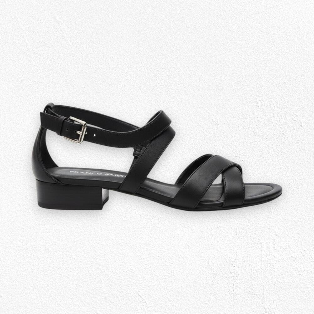 Franco Sarto Black Strappy Wedge Sandals Size 7 Open Toe Ankle Strap Vegan